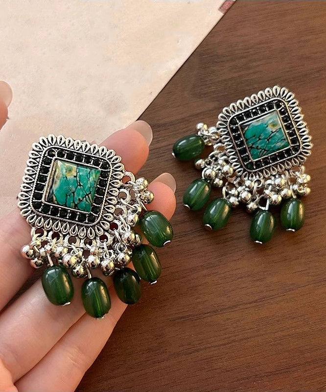Green Geometric Tassel Silver Plated Drop Earrings