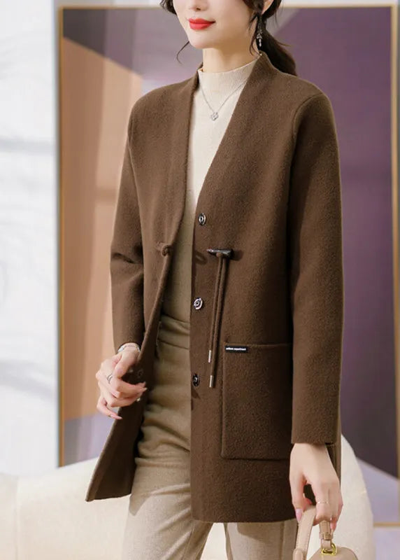 Coffee V Neck Pockets Woolen Coats Spring