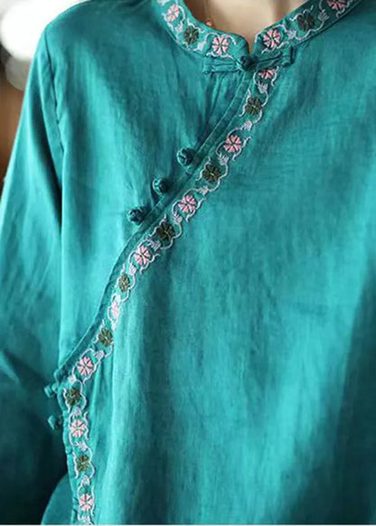 Blue Asymmetrical Design Linen Shirt Embroidered Long Sleeve