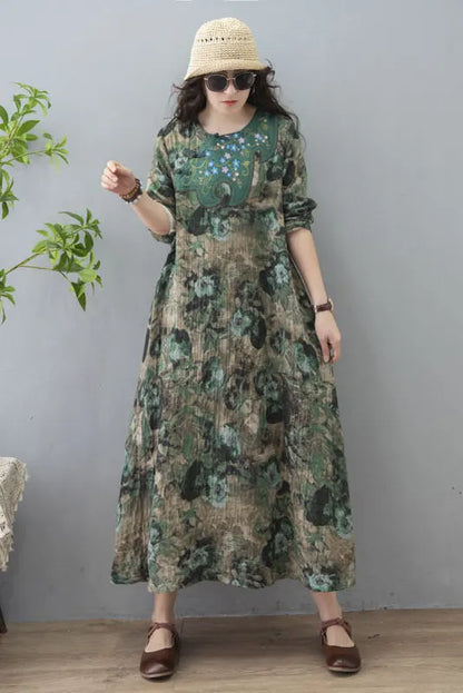 Spring Retro Printed Long Skirt Long Sleeve Cotton Linen Dress