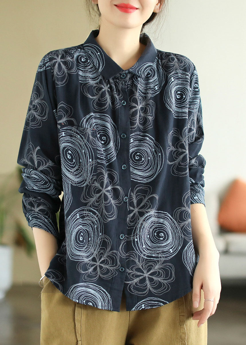 Navy Peter Pan Collar Print Patchwork Cotton Shirt Top Spring