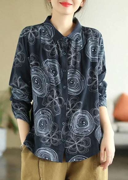 Navy Peter Pan Collar Print Patchwork Cotton Shirt Top Spring