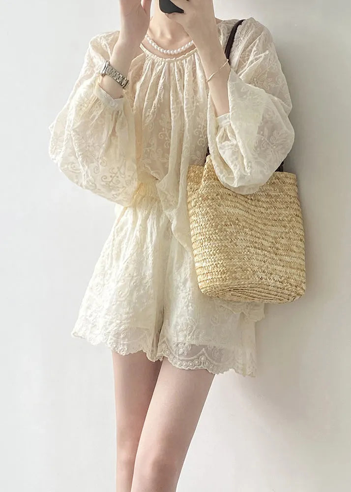 Art Beige Embroidered Tops and Shorts Cotton Two Piece Set Spring