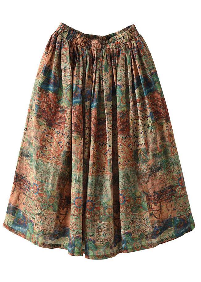 Green Texture Print Ramie Elastic Waist Skirt