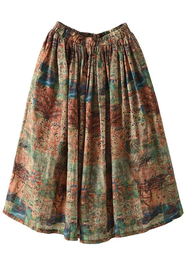 Pink-pumpkin Print Ramie Elastic Waist Skirt