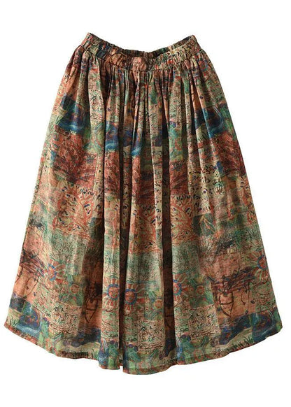 Color Stripes Print Ramie Elastic Waist Skirt