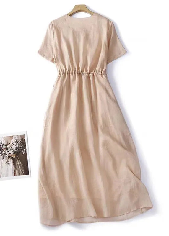 V Neck Lace Up Linen Dress Summer