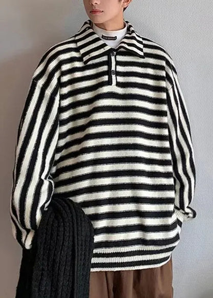 French Black Striped Button Knit Sweaters Winter