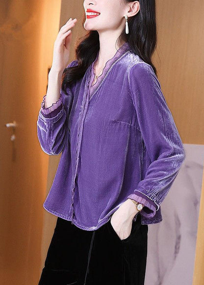 Purple V Neck Patchwork Velour Shirts Spring
