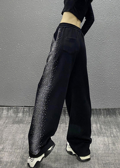 Black Pockets Zircon Elastic Waist Cotton Pants Fall