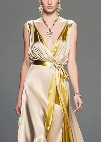 Fitted Champagne V Neck Draping Silk Vestidos Dress Sleeveless