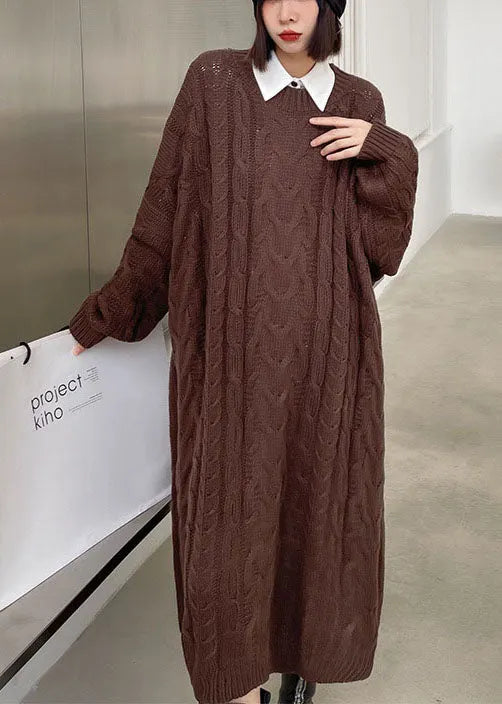 Classy Coffee O-neck Jacquard Fall Sweater Dress