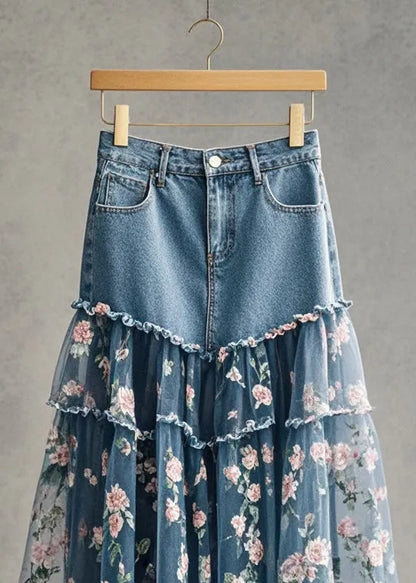 Pink Flower Print Patchwork Tulle Denim Skirt Fall