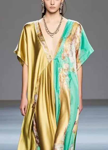 Golden Asymmetrical Design Print Silk Long Dress Summer