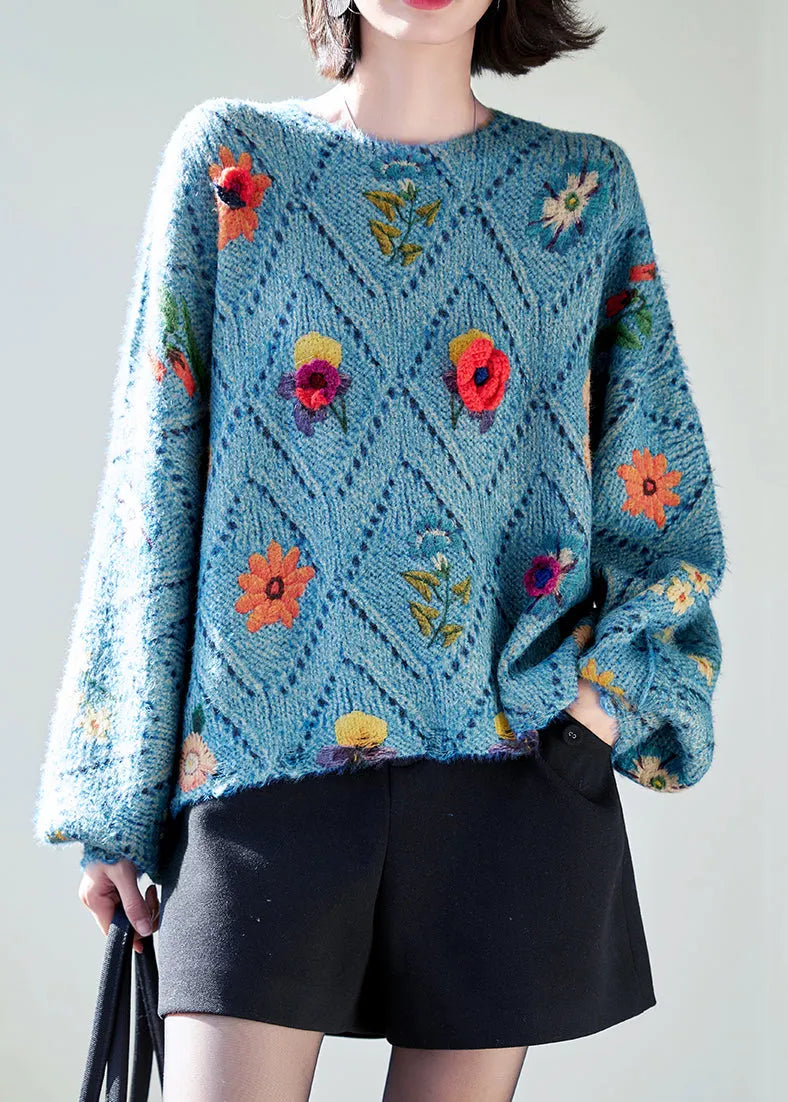 Blue O-neck Hollow Out Knit Sweaters Batwing Sleeve