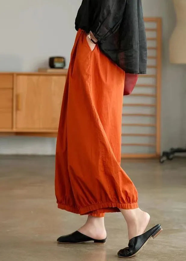 Orange Pockets Cotton Lantern Pants Summer