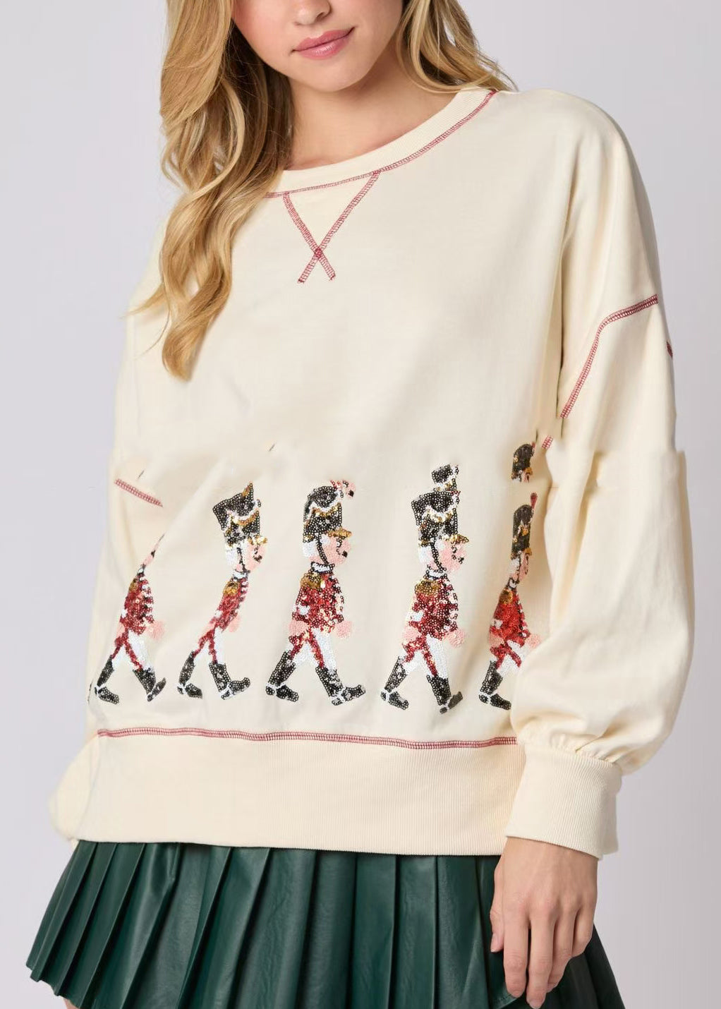 Apricot O Neck Sequins Cotton Loose Sweatshirts Top Winter