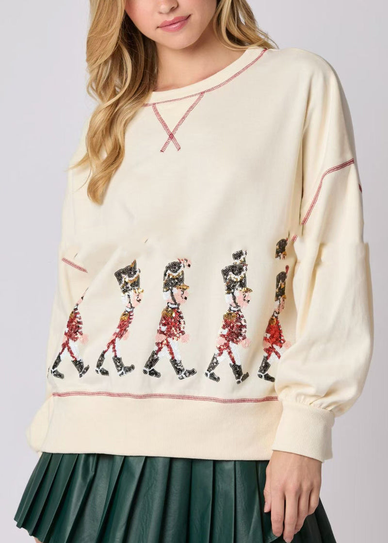 Apricot O Neck Sequins Cotton Loose Sweatshirts Top Winter
