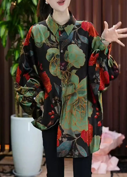 Green Peter Pan Collar Print Button Silk Shirt Fall