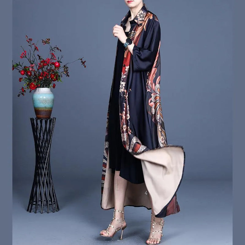 Black Print Button Silk Cardigan Long