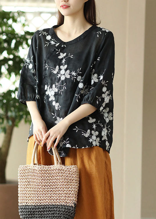 Black Patchwork Linen Top O-neck Embroidered Button Summer