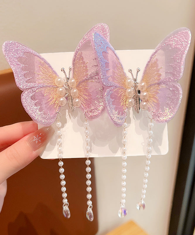 Purple Alloy Tulle Butterfly Pearl Tassel Hairpin