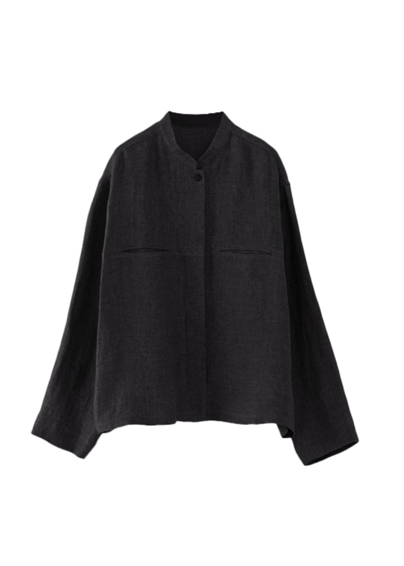 White Stand Collar Pockets Linen Shirts Spring