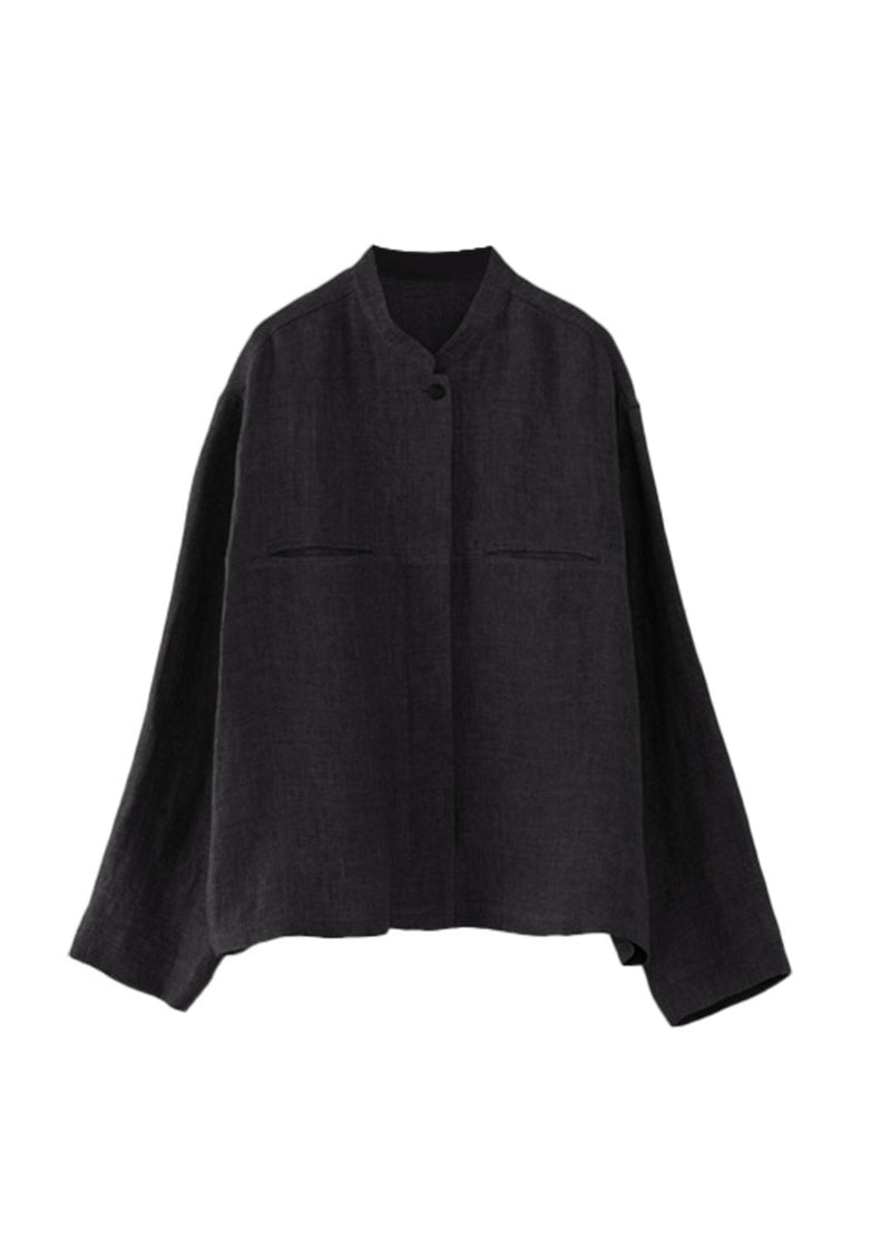White Stand Collar Pockets Linen Shirts Spring