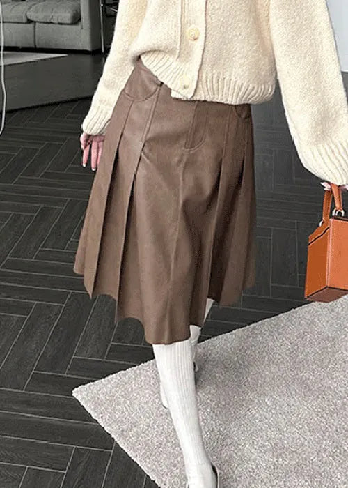 Brown Button High Waist Faux Leather Pleated Skirt Pockets