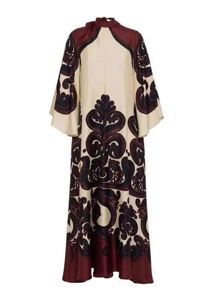 French V Neck Print Lace Up Cotton Long Dress Flare Sleeve