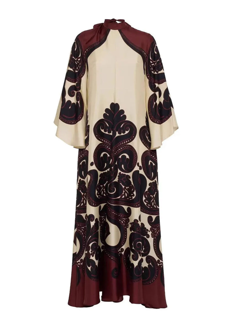 French V Neck Print Lace Up Cotton Long Dress Flare Sleeve