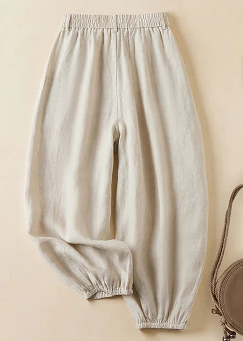 Linen Pockets Elastic Waist Linen Crop Pants Summer
