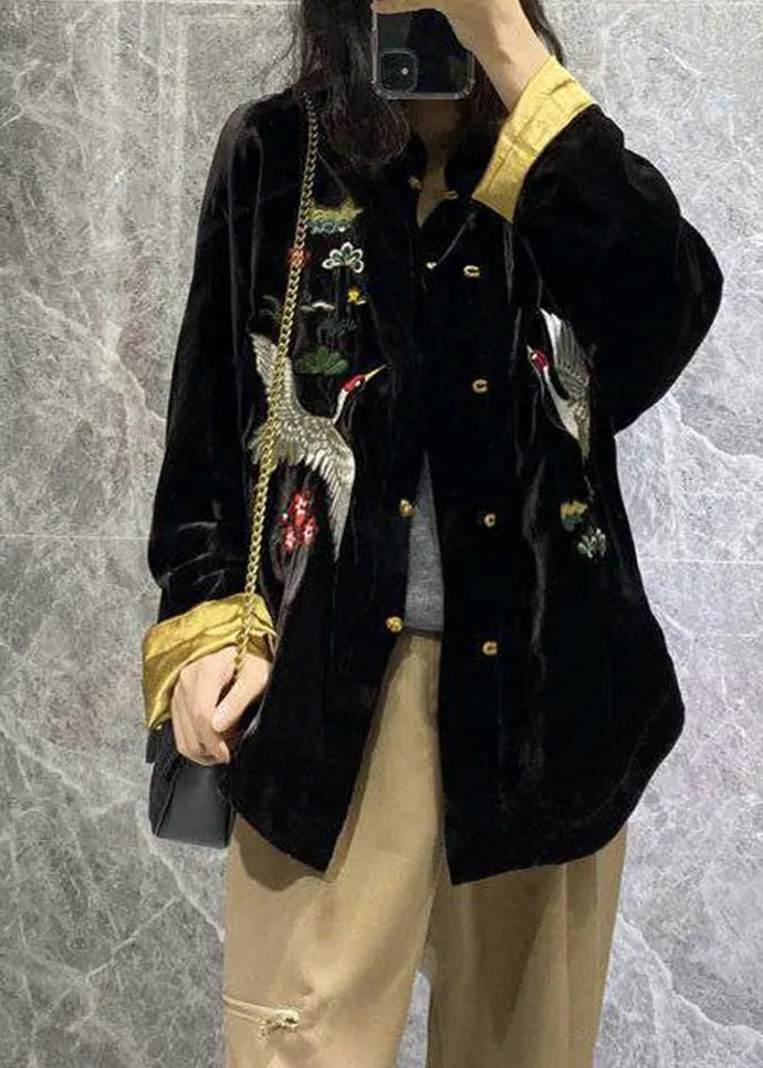 Black Mandarin Collar Embroideried Velour Coats Long Sleeve