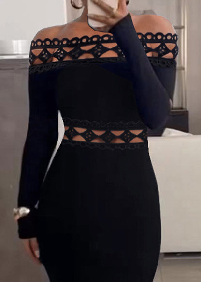 Slim Fit Black Slash Neck Hollow Out Cotton Dress Long Sleeve