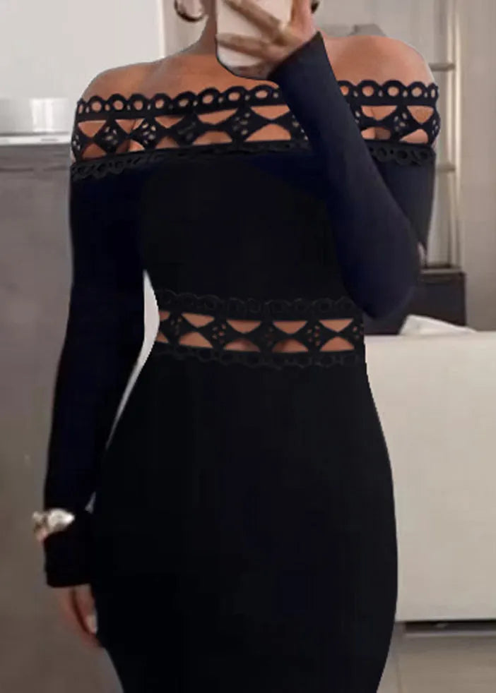 Slim Fit Black Slash Neck Hollow Out Cotton Dress Long Sleeve