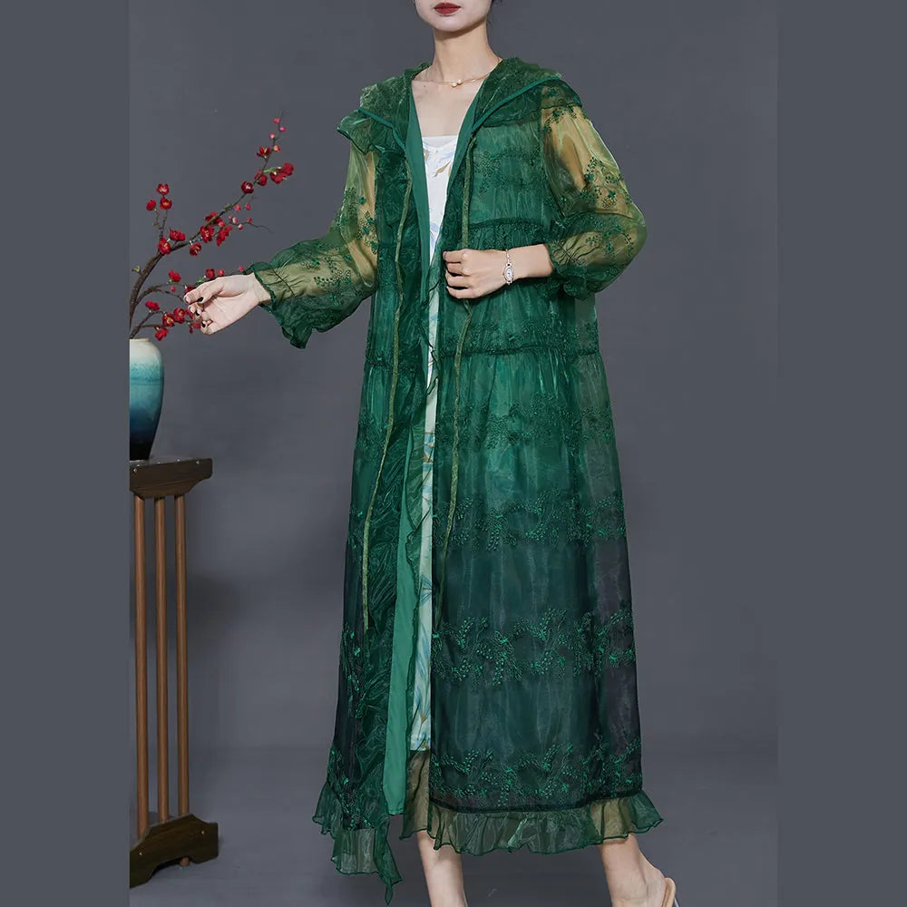 Green Organza Upf 50+ Cardigans Embroidered Ruffled Summer