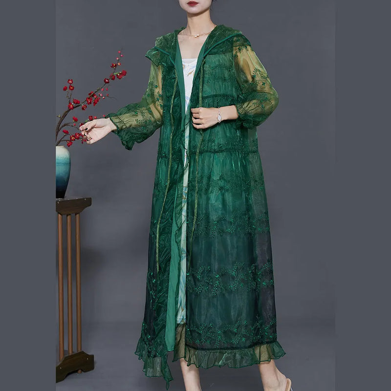 Green Organza Upf 50+ Cardigans Embroidered Ruffled Summer