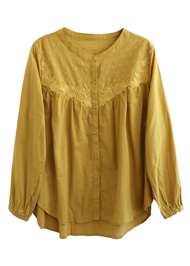 Organic Green O Neck Embroidered Cotton Shirts Spring