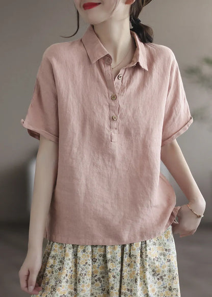 Italian Pink Peter Pan Collar Patchwork Button Linen Top Short Sleeve
