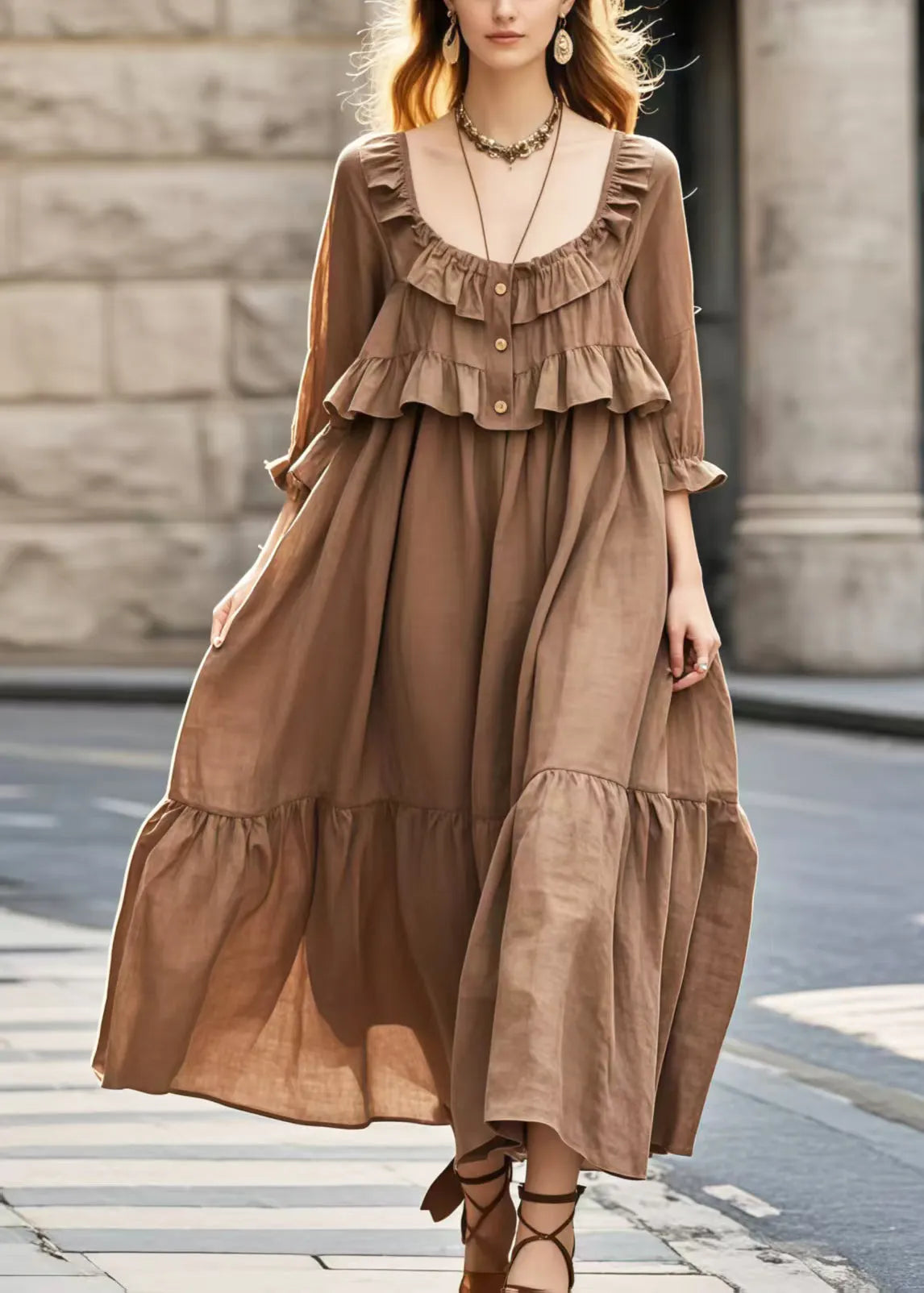 Brown U Neck Patchwork Ruffles Long Dress Summer
