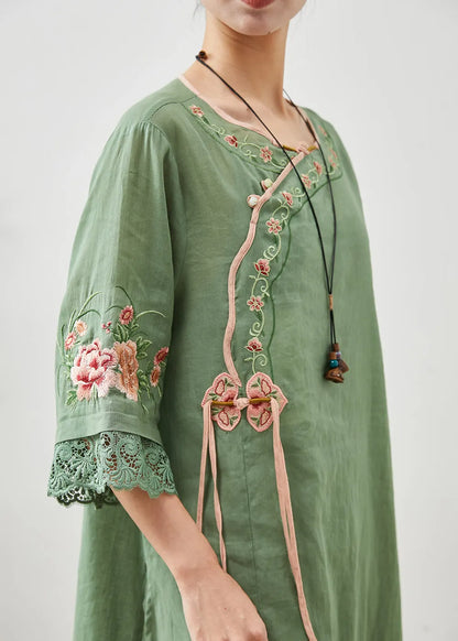 Green Tasseled Embroidered Linen Dresses Summer