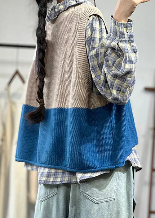 Blue O Neck Patchwork Cozy Knit Waistcoat Sleeveless