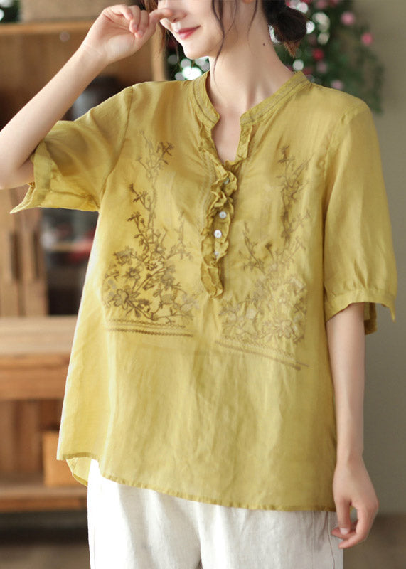 Yellow V Neck Embroidered Linen T Shirt Short Sleeve