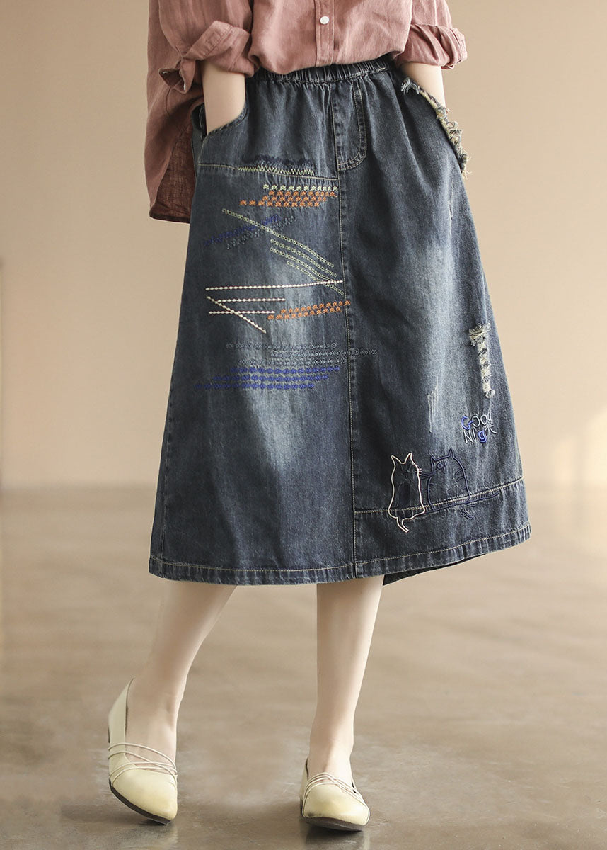 Dark Blue Elastic Waist Embroidered Cotton Denim Ripped Skirts Summer