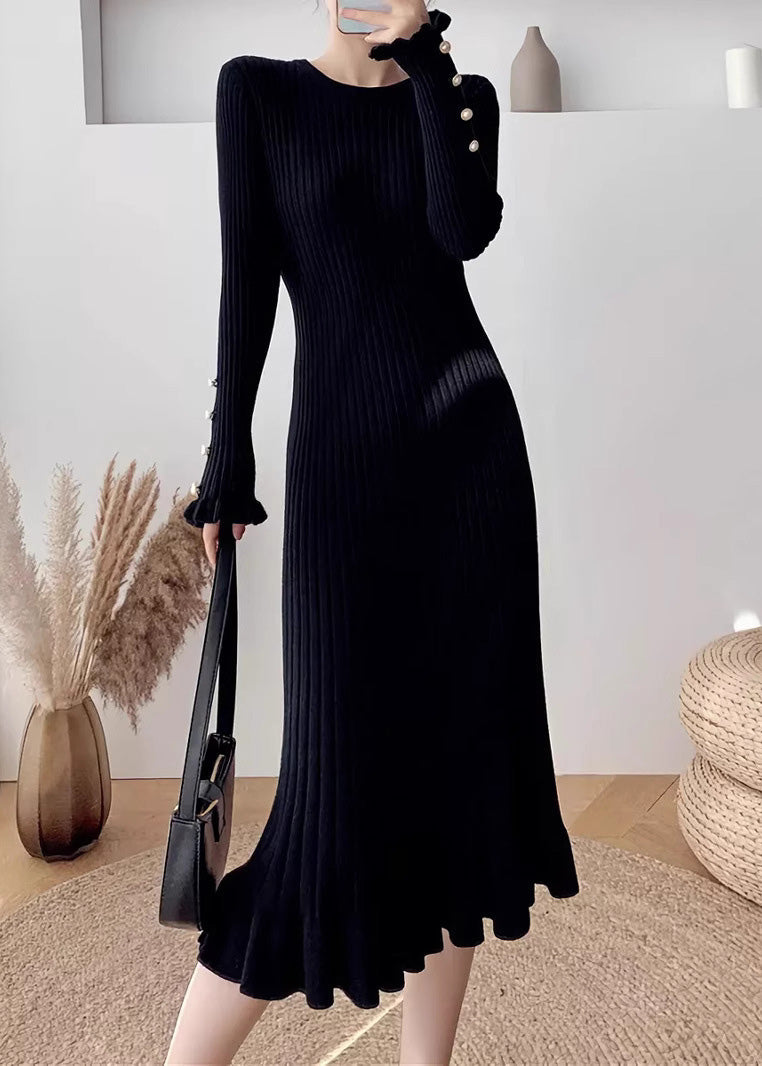 Slim Fit White O-neck Ruffled Knit Dress Long Sleeve
