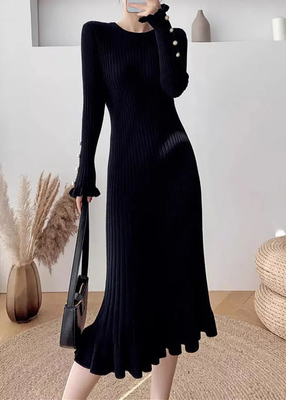 Slim Fit White O-neck Ruffled Knit Dress Long Sleeve