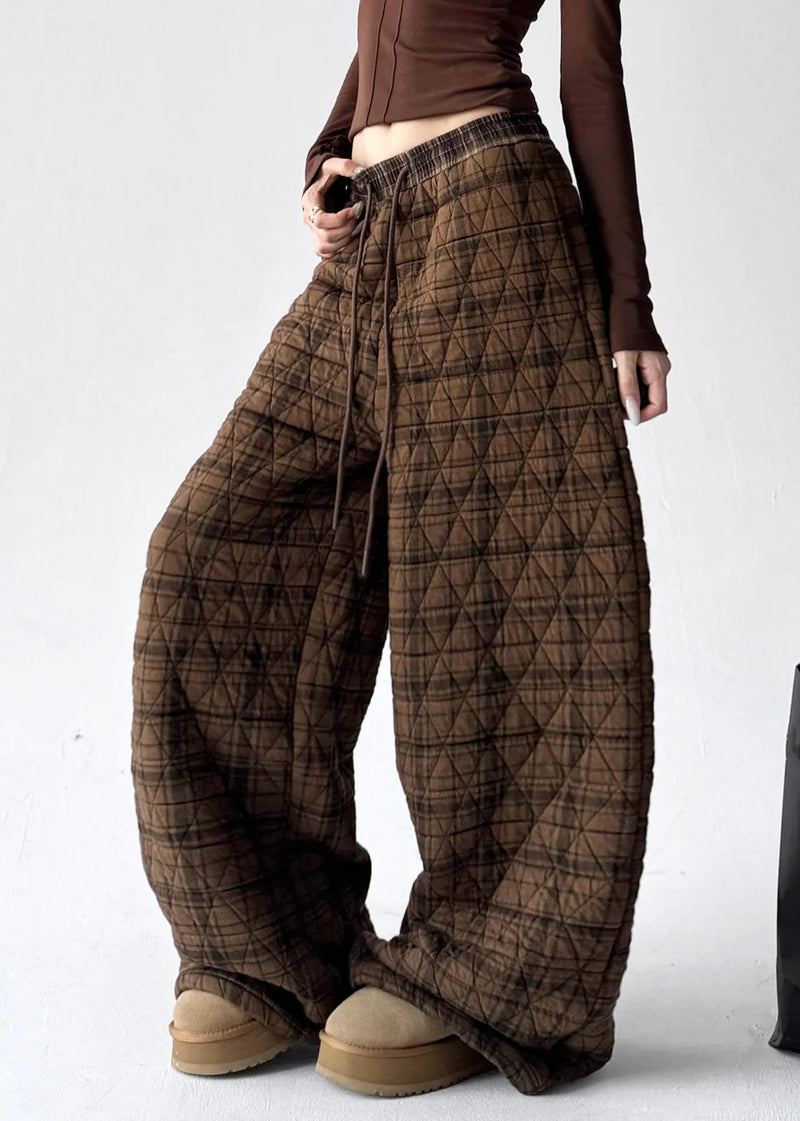 Coffee Plaid Pockets Elastic Waist Cotton Filled Pants Winter