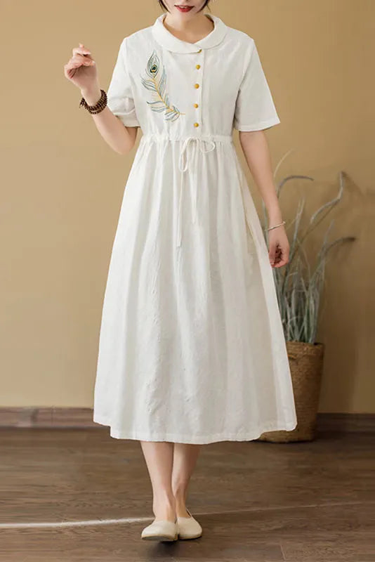 New Retro Jacquard Embroidered Dress Short Sleeve Cotton Linen Dress