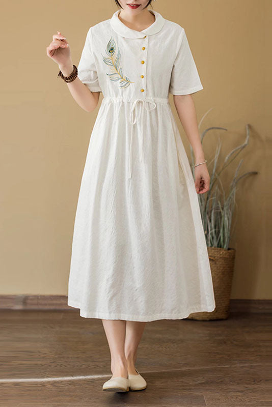 New Retro Jacquard Embroidered Dress Short Sleeve Cotton Linen Dress