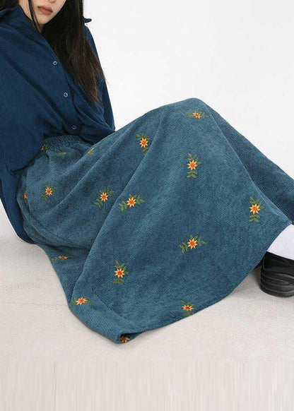 Peacock Blue Embroidered Corduroy Skirts Spring